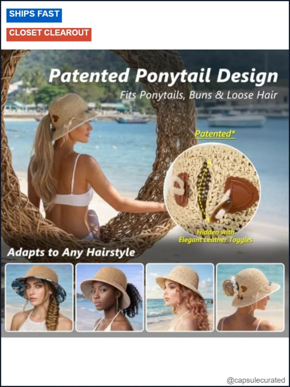 Womens Sun Hat UPF50+ Wide Brim Handwoven Straw Ponytail Cooling Travel